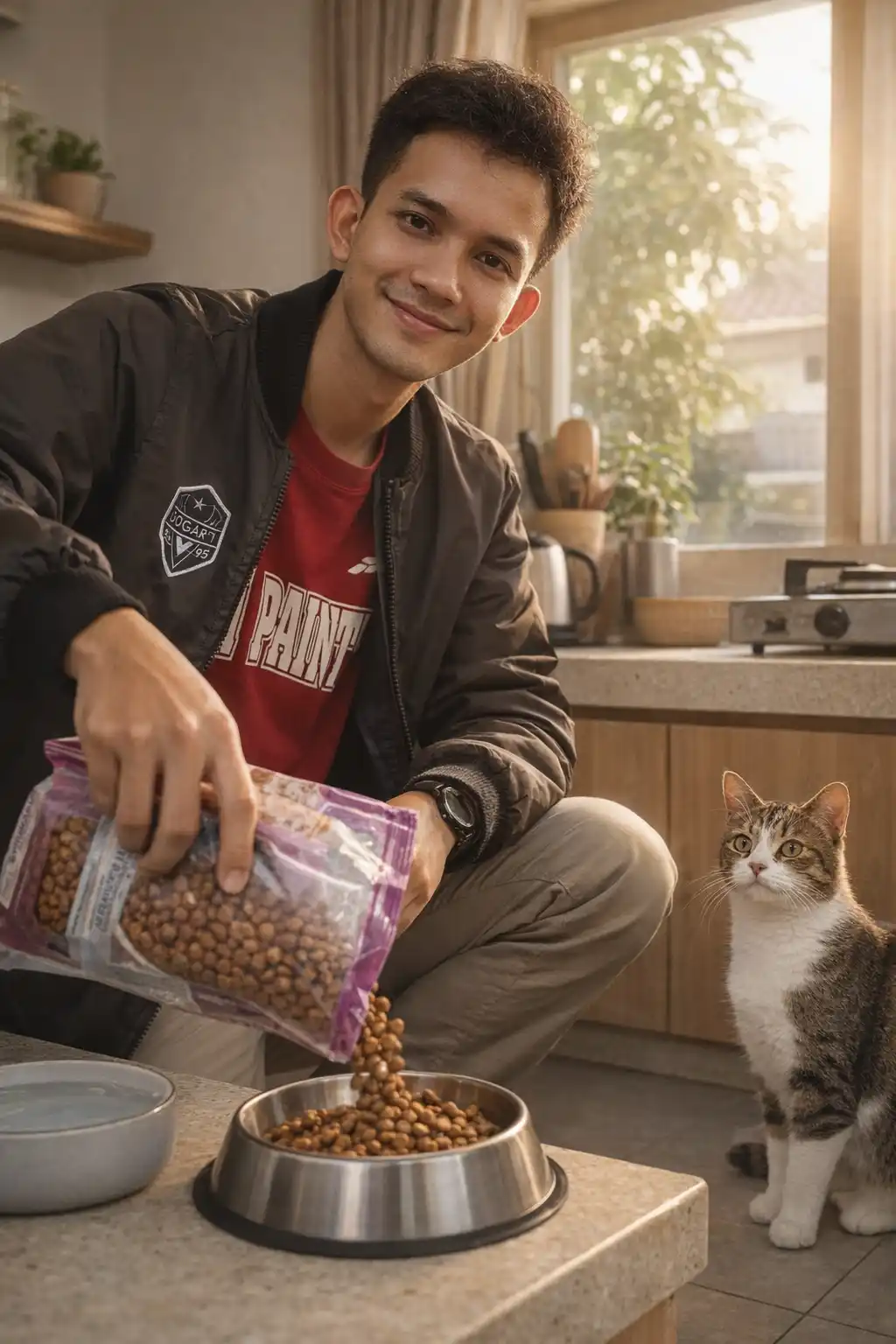 Pemilik kucing pemula merawat kucing di rumah